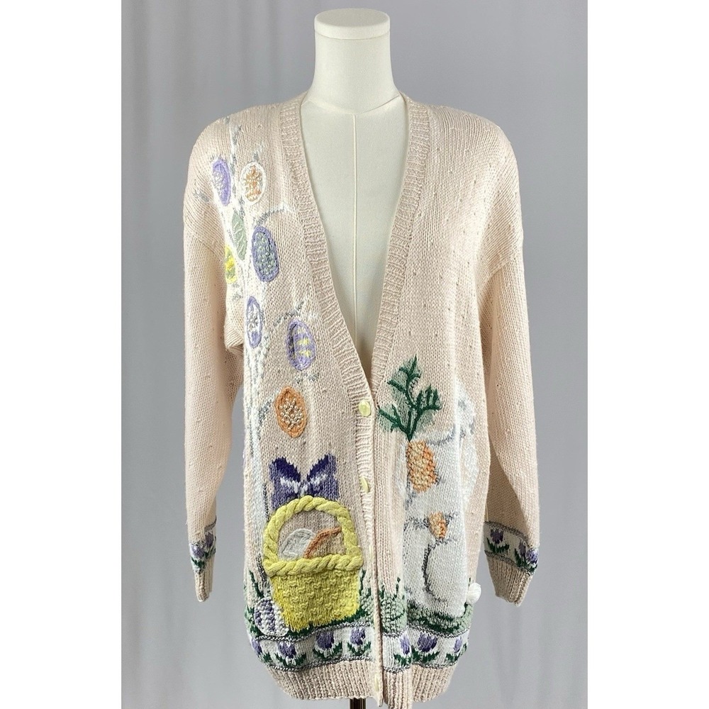 VTG BellePointe Cardigan Women Pink Easter Pearl Embroidered Cottagecore Medium